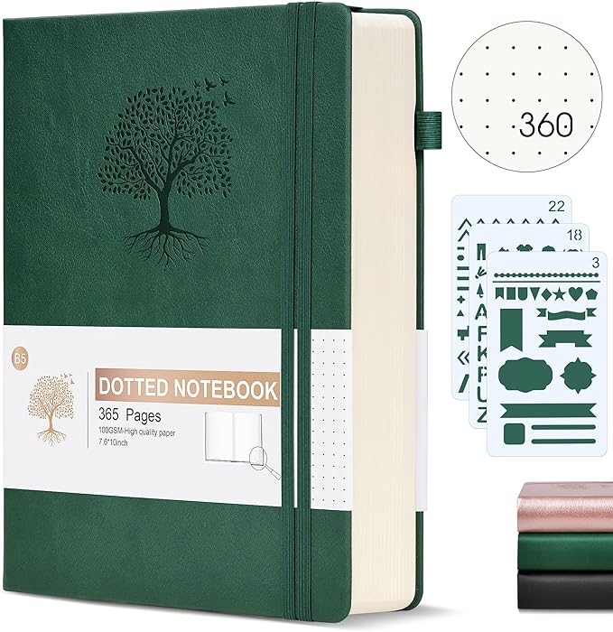 Ansopu Dotted Journal Notebook, 360 Numbered Pages Bullet Dot Journals,100gsm Dot Paper Thick Hardcover Leather Journal for Writing Women Men, B5 Big Dotted Grid Notebooks for Work School Green