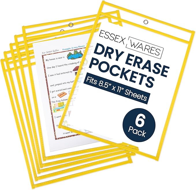 Essex Wares - 6 Pack, Yellow, Dry Erase Pocket Document Protectors, 10" Wide x 13.5" Tall - Dry Erase Clear Plastic Sleeves - Reusable & Easy Erase Plastic Invoice Holders, Water-Resistant & Durable