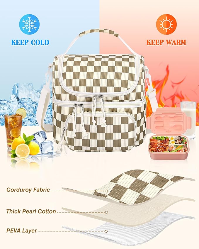 HowFly Lunch Bag for Women Insulated Lunch Boxes Corduroy Resuable Lunch Box for Girls Teens Kigs Boys Portable Thermal Cooler Bags for School Work, Khaki Checkered
