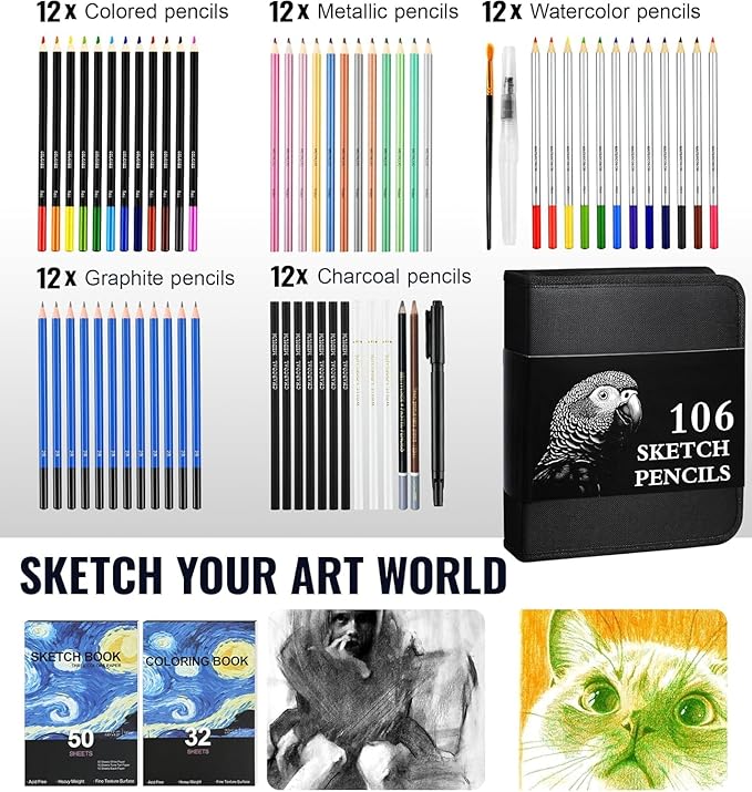 TMOL 106 Pack Art Supplies Sketching Kit with 3-Color Sketch Book, Coloring Book, Drawing Pencils with Graphite Colored Charcoal Watercolor & Metallic Pencils, Art Kit Gifts for Artist Adults Kid
