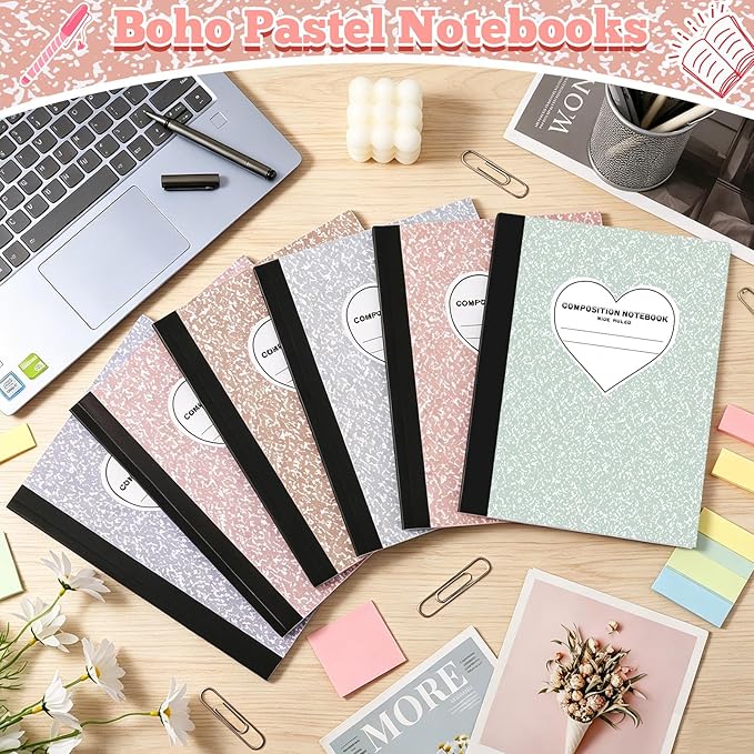 FOGWOWO 6 Pack Marble Composition Notebook Wide Ruled,Pastel Boho Composition Notebooks Bulk,Assorted Colors Back to School Marble Notebooks 80 Pages (40 Sheets) 9.75x7.5 Inches