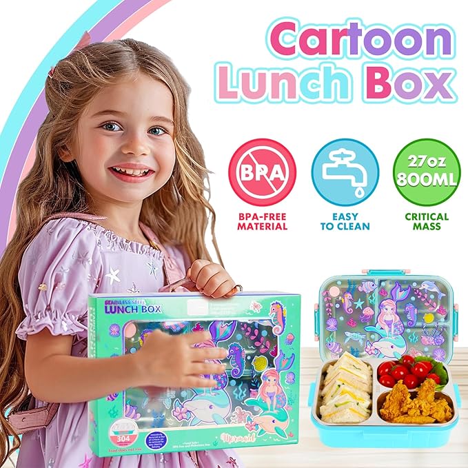 Stainless Steel Bento Lunch Box for Kids, 800ml/27oz BPA-Free Leak-Proof Food Containers with 3 Compartments, Freezer & Dishwasher Safe, Back to School Students Lunches Size for Ages 3-7