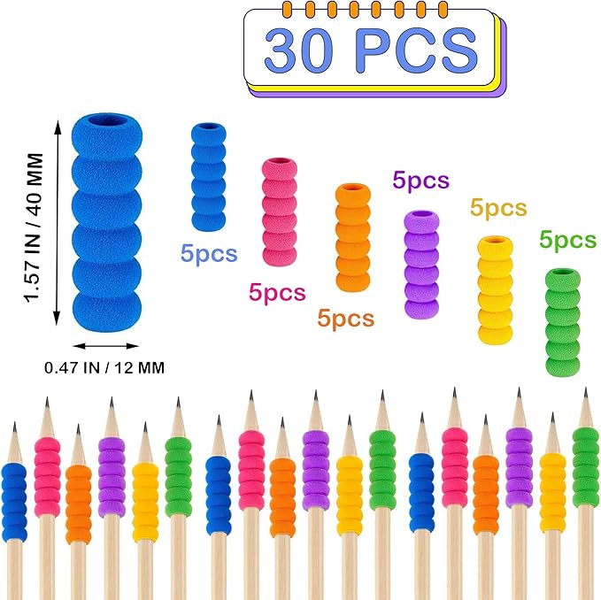Foam Pencil Grippers,30 Pieces Foam Pencil Grips for Kids and Adults Handwriting Relieving Fingers Fatigue Writing Aid Pencil Holder Comfort Cushion Grip Pen Grippers