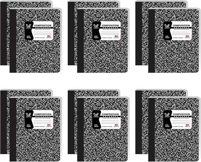 Composition Notebooks 12 Pack Wide Ruled Paper Black Marble Composition Books 100 Sheets / 200 Pages 9-3/4" x 7-1/2" School Supplies Sturdy Sewn Binding Notebook for Student College Office Writing Book