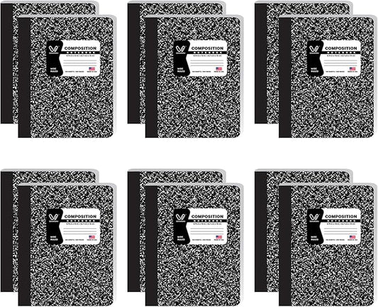 Composition Notebooks 12 Pack Wide Ruled Paper Black Marble Composition Books 100 Sheets / 200 Pages 9-3/4" x 7-1/2" School Supplies Sturdy Sewn Binding Notebook for Student College Office Writing Book