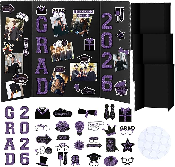 MiniInflat 4 Set Graduation Photo Display Board Trifold Poster Board for Class of 2026 Grad Party Picture Display Graduation Photo Frames for Multiple Pictures Table Decor(Purple,24 x 16 Inches)