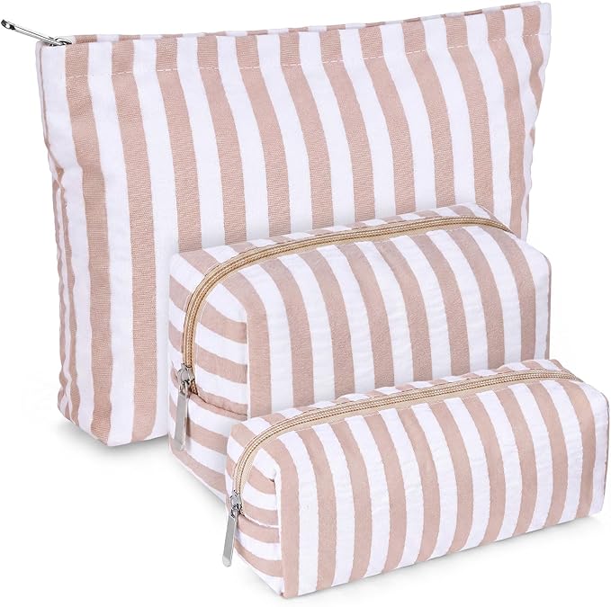 Huhumy 3 Pcs Makeup Bag Set Cute Cosmetic Pouch for Women Aesthetic Seersucker Travel Toiletry Bag Set Preppy Small Makeup Purse Pouch Wide Stripe Cosmetic Organizer Pencil Case with Zipper(Khaki)