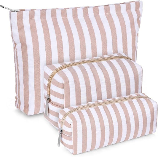 Huhumy 3 Pcs Makeup Bag Set Cute Cosmetic Pouch for Women Aesthetic Seersucker Travel Toiletry Bag Set Preppy Small Makeup Purse Pouch Wide Stripe Cosmetic Organizer Pencil Case with Zipper(Khaki)
