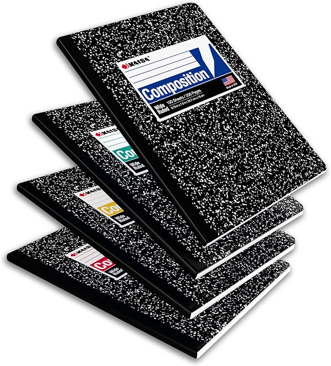 KAISA Composition Notebooks, Wide Ruled, 9-3/4" x 7-1/2", Black Marble Covers Composition Notepads Journal Notebooks 100 Sheets 4 Pack, C10001W