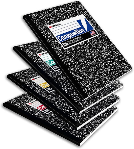 KAISA Composition Notebooks, Wide Ruled, 9-3/4" x 7-1/2", Black Marble Covers Composition Notepads Journal Notebooks 100 Sheets 4 Pack, C10001W