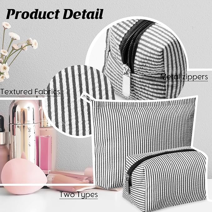 Huhumy 2 Pcs Makeup Bag Set for Women, Black, Thin Striped Seersucker | Cute Cosmetic Pouch Women Travel Toiletry Bag Preppy Small Makeup Purse Pouch Aesthetic Skincare Brushes Storage Organizer