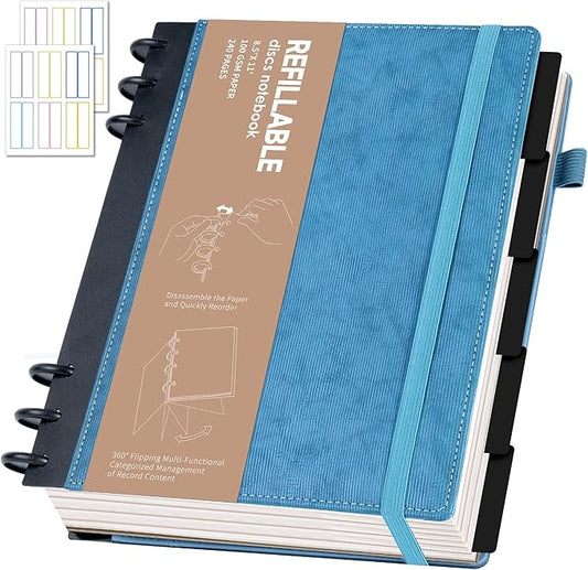 Yoment Refillable Notebooks for Work 5 Subject with Removable Dividers Tabs 240 Pages Hardcover Leather Journals for Writing Large Discbound Planner Colleged Ruled Paper for Women Men 8.58 x 11,Blue