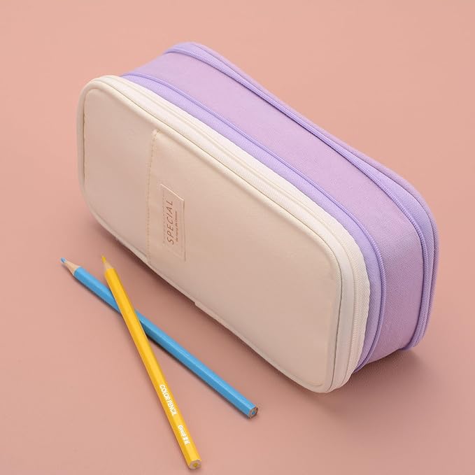 Large Capacity Big Special Cute Aesthetic Preppy Canvas Pencil Case Organizer Holder Pouch Bag with Zipper Compartments, Pen Cases for Women Girls School Adults (Beige/Purple)