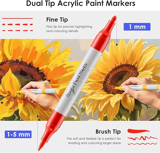 WELLOKB 80 Colors Dual Tip Acrylic Paint Markers, Fabric Markers, Brush Tip Permanent Acrylic Paint Pens for Wood, Glass, Rocks, Paper, Coloring book,Ceramic,DIY Crafts for Adults (48, Chisel&Brush)