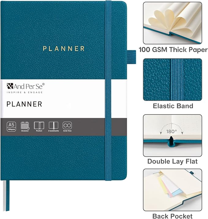 And Per Se Undated Planner, Weekly & Monthly Planner with Goal & Habit Tracker, A5 Leather Hardcover Productivity Journal for Academic Year (Dark Turquoise)