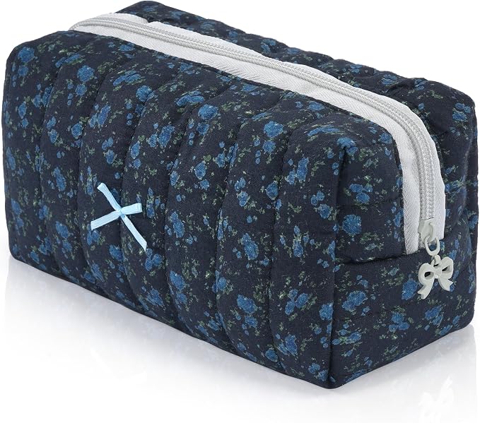 Makeup Bag Travel Toiletry Bag for Women, Small Cosmetic Bags Aesthetic Organizer Quilted Cotton Makeup Pouch&Purse Emergency Bag Floral Pencil Case Accessory Bag, Midnight Blue