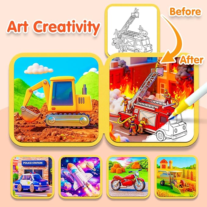 ZHOC Reusable Water Painting Books for Kids – Magic Water Reveal Coloring Books with Water Pens (Cars) No-Mess Coloring Book Fun Travel Activity for Ages 3 4 5 6 7 8