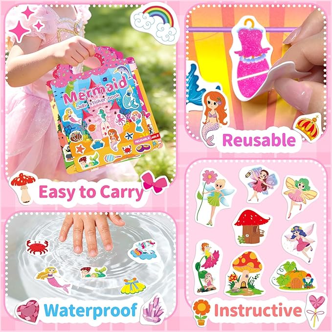 3 Sets Reusable Sticker Book for Toddlers 3-6, Jelly Sticker Books for Toddler, Travel Sticker Activity Toys for Kids 3 4 5 6 Years Old Girls & Boys(Princess+Mermaid+Elves World)