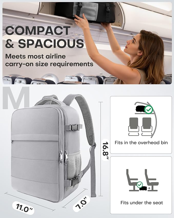 HOTOR Travel Backpack Flight Approved Bag Men Women, Medium Grey | TSA Carry on Luggage, 15.6inch Laptop, Casual Daypack Travel Essentials Nurse Bag for Work, Business, Weekender, College
