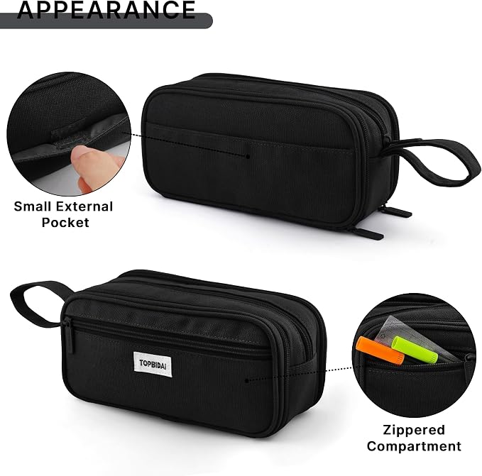 TOPBIDAI Large Pencil Case Pouch for Girls Boy Women Men Adults | Big Capacity Canvas Pencil Bag, Office School Supplies, Multi Compartment Zipper Stationery Pen Box (Coal Black)
