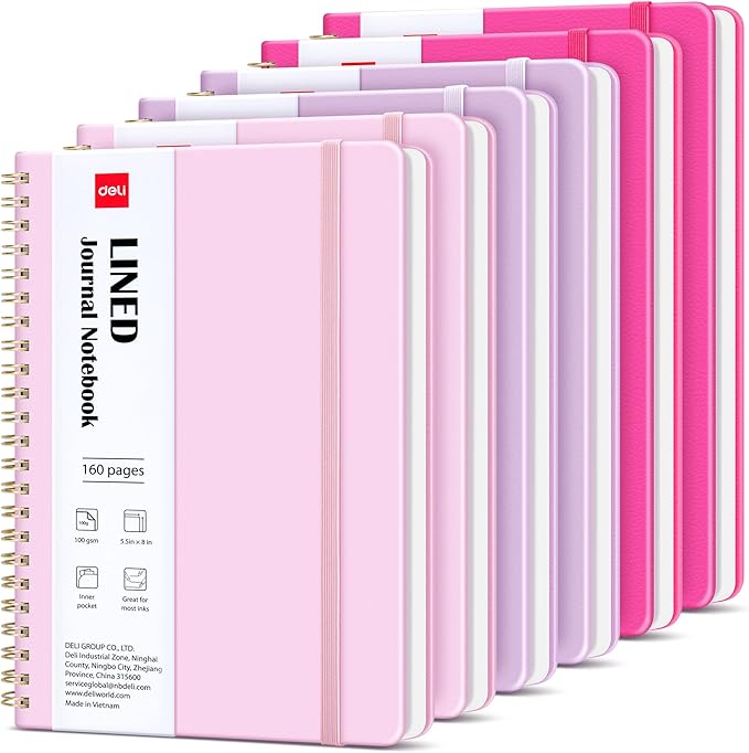 deli 6 Pack Lined Spiral Journal Notebook, 160 Pages, A5 (5.5"x8") Hardcover Writing Notebook, College Ruled Spiral Bound Journal for Women & Men - Perfect for Work, School, Office & Note Taking