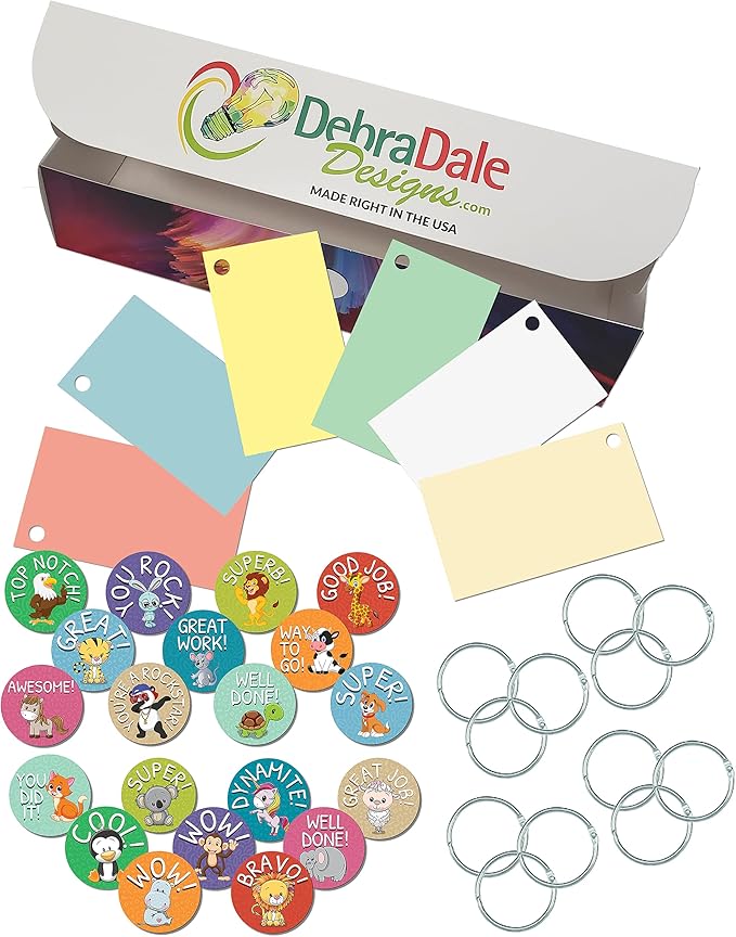 Debra Dale Designs | Made RIGHT in the USA | Kids Blank Flash Cards | Budget-Friendly | Spill-proof box | 2" x 3-1/2" | 1,000 hole-punched index cards with 12 rings | 6 colors | 20 Stickers | Ages 2+