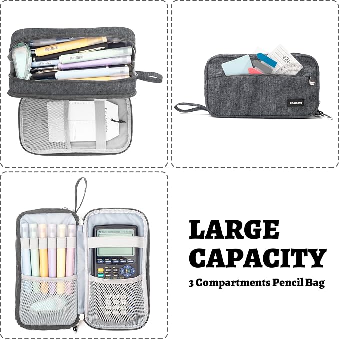 Pencil Case Big Capacity Pen Pouch Large Storage Holder Marker Pen Bag Durable 3 Compartment School Office Desk Organizer Portable Cute Zipper Stationery for Kids Teen Student Boys Girls Adults