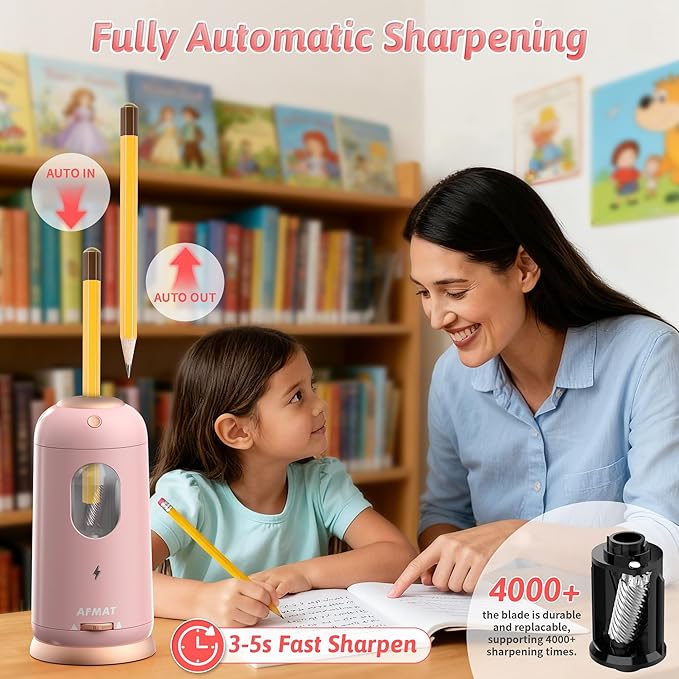 AFMAT Electric Pencil Sharpener, Auto in & Out, Fully Automatic Pencil Sharpener, Rechargeable Hands-Free Sharpeners for Jumbo & Colored Pencils (7-11.5mm), Good for Classroom/Home PSC8(Light Pink)