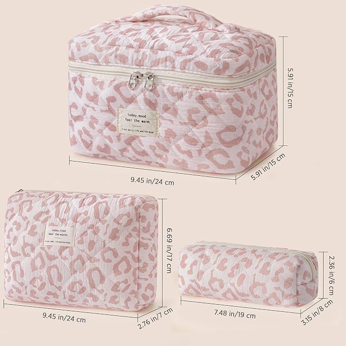 HBselect Quilted Makeup Bag, 3Pcs Cotton Large Travel Makeup Bags Organizer | Cute Floral Make up Bag Cosmetic Bag Toiletry Bag for Women Girls, Makeup Pouch for Skincare, Brushes & Travel Essentials