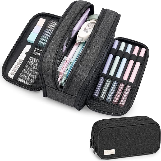 Sooez Large Capacity Pencil Case Pouch, Cute Pencil Pouch Pencil Bag | 3 Compartment, Aesthetic Pen Case with Zipper, Sturdy Stationery Organizer, School Supplies for Teen Girl Boy Women Men, Gray