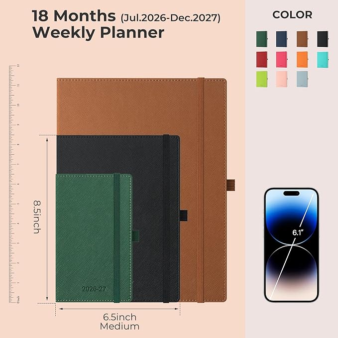 Weekly Monthly 2026-2027 Planner (July 26-Dec 27),8.5"x6.5",18 Months Agenda Plan with Month Tabs & Pocket,Expenses/Note Pages, Academic Calendar with Vegan Leather Cover,Brown