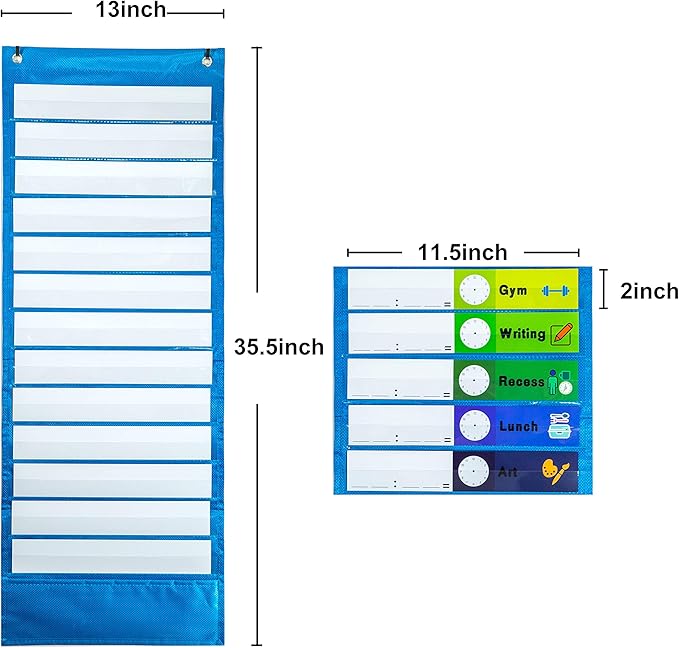 Youngever Classroom Pocket Chart,13+1 Pocket, Daily Schedule Pocket Chart, 26 Double-Sided Reusable Dry-Eraser Cards (13 Color+13 Blank) Educational Charts for Classroom Office Home Preschool Activity