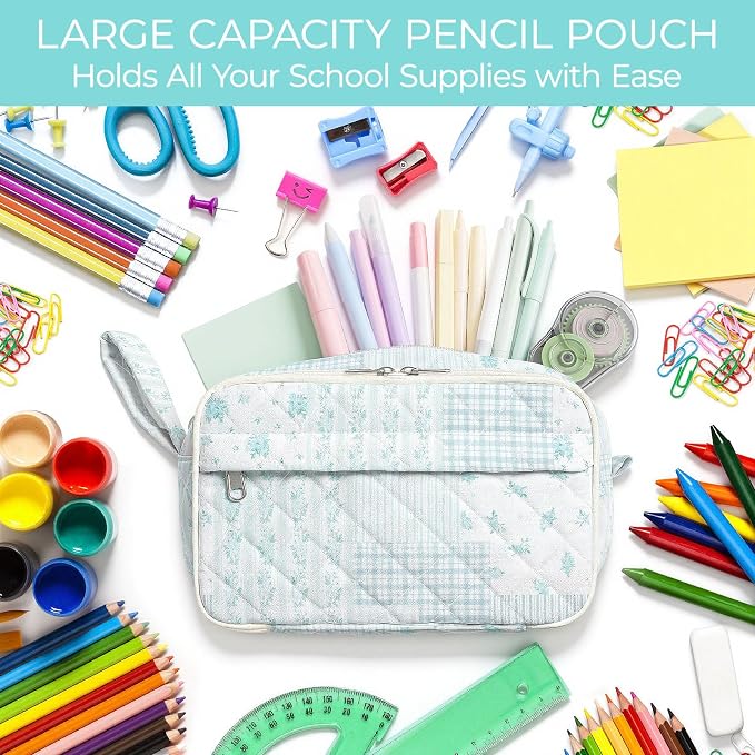 WOBAGMEN Quilted Pencil Pouch for Women, Large Capacity Pencil Case with Compartments, Cute Aesthetic Pencil Organizer, Floral Stationery Pouch（Green Floral Patchwork）