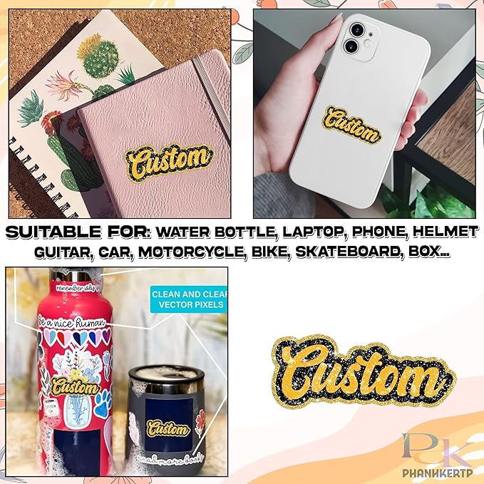 Custom Glitter Name Sticker Personalized Color Name Golden Glitter Decal Waterproof Vinyl Decal for Water Bottles Tumblers Laptops Hard Hat Cars Kindle for Women Men Teachers