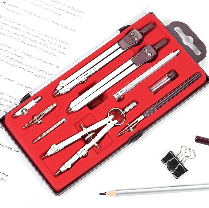 UNJOO Drawing 9Pc Geometry Set Metal Compass, Geometry Precision Tool for Student, Circle Drawing Tool and Architecture, Drafting Kits for Engineer with Shatterproof Storage Box (Red)