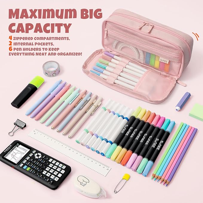 SUNEE Pencil Case, Large Capacity Pencil Pouch, Aesthetic Big Pen Bag 900D Oxford Pen Box for Office Stationery Organizer School Supplies Multifunctional for Teen Boys Girls Women Men, Pink