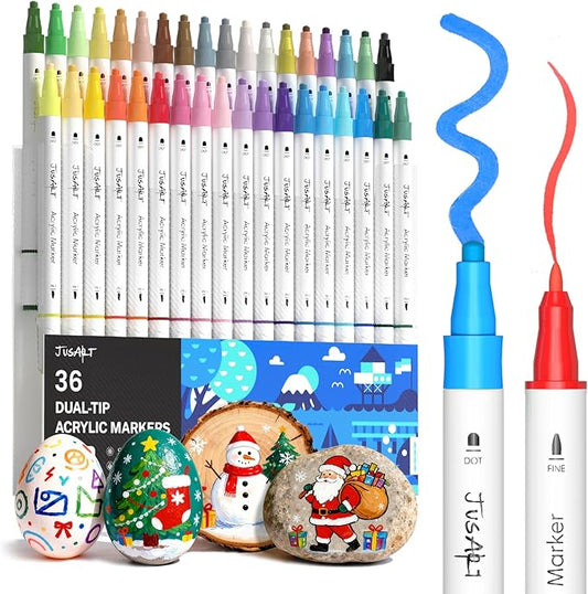 JusArt 36 Colors Acrylic Paint Markers, Dual Tip Coloring Markers with Dot and Fine Tip for Rock, Fabric, Wood, Glass, Ceramic, Canvas, Vibrant Art Supplies and DIY Crafts Art Supplies