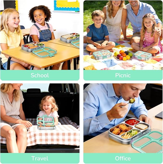 G.a HOMEFAVOR Stainless Steel Lunch Box - 4 Compartments Bento Box for Kids, Leakproof Food Container for School, Office, Dishwasher Safe, BPA-Free, 800 ml/27 oz, Green