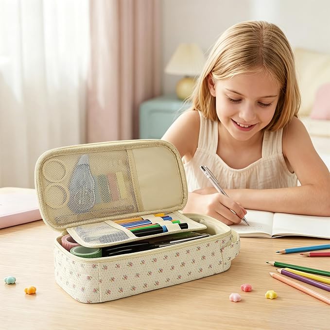 Cute Floral Quilted Pencil Case for Girls, Large Aesthetic Pen Pouch with Handle, Multi Compartment Stationery Organizer, Portable Travel Cosmetic Makeup Bag Back to School