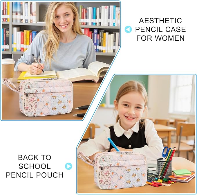 WOBAGMEN Quilted Pencil Pouch for Girls Women, Large Pencil Case Pouch with Compartments Cute Aesthetic Pencil Case Organizer, Floral Pencil Bag for School Supplies (coloful blue)
