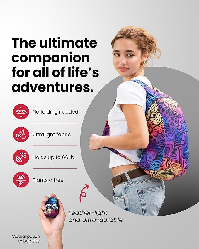 Nanobag Daypack - Ultralight 16L Foldable Travel & Hiking Backpack, Reusable, Packable, Collapsible Bag for Men & Women (Black)