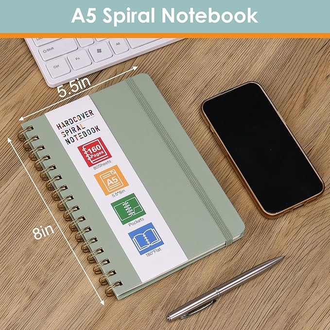 LABUK Spiral Notebook for Women, A5 Spiral Journal Notebooks, 160Pages Lined Hardcover Journaling for Work, 5.5 x 8in Journals for Writing, Light Green