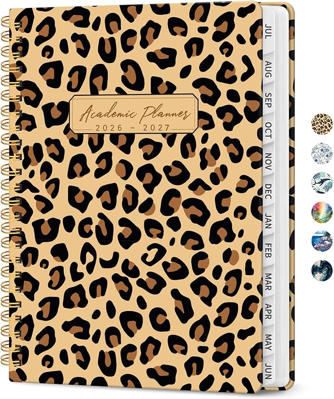 Planner 2026-2027, Academic Year Monthly and Weekly Calendar Planner, Jul 2026 - Jun 2027, Hardcover Teacher Student Planning Agenda book with Tabs, Perfect for School Office Supplies, 6.3" x 8.5" - Leopard