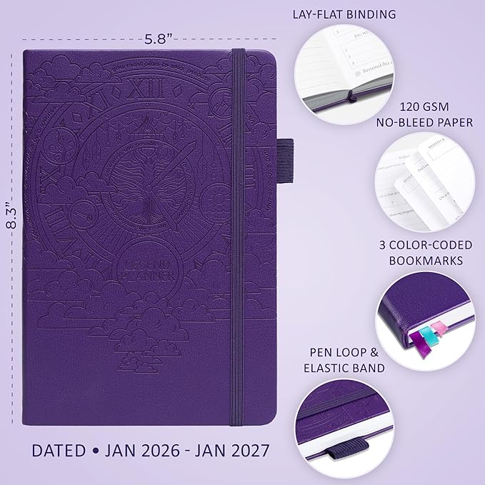 Legend Dated Hourly Weekly Planner 2026 – Daily, Monthly & Yearly Agenda with Time Slots – Hardcover Organizer Journal, 5.8x8.3” (Purple)
