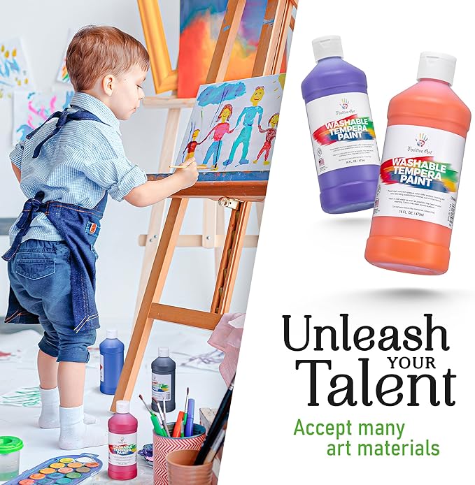 Positive Art Washable Paint for Kids, 12 Colors, 16 oz Bottles, Non-Toxic Tempera Paint Set for School and Classroom, Paraben-Free