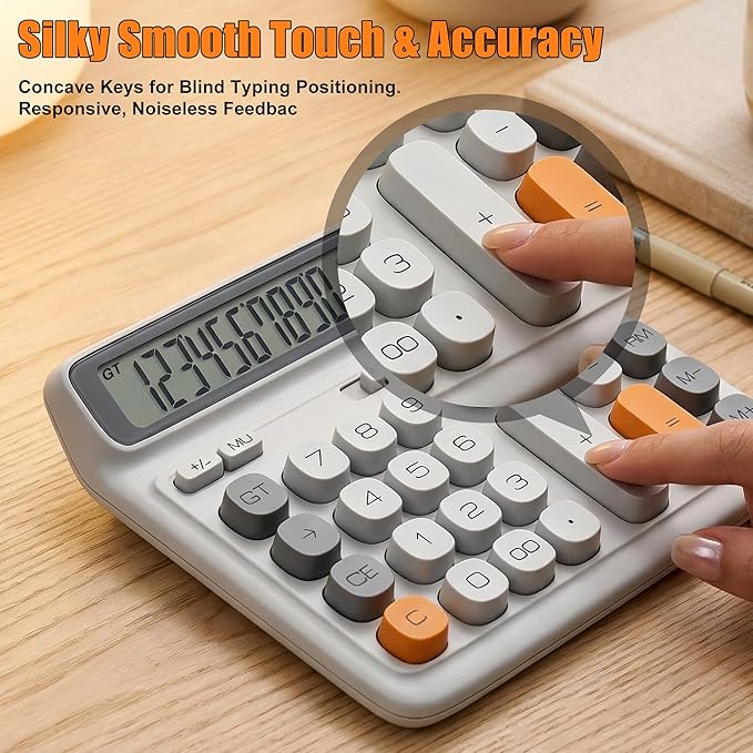 12-Digit Desktop Calculator, Modern Color-Clash Aesthetic Design, Dual Power (Solar & Battery), Ergonomic Tilted Large LCD Display for Office, School and Accounting (Silver)