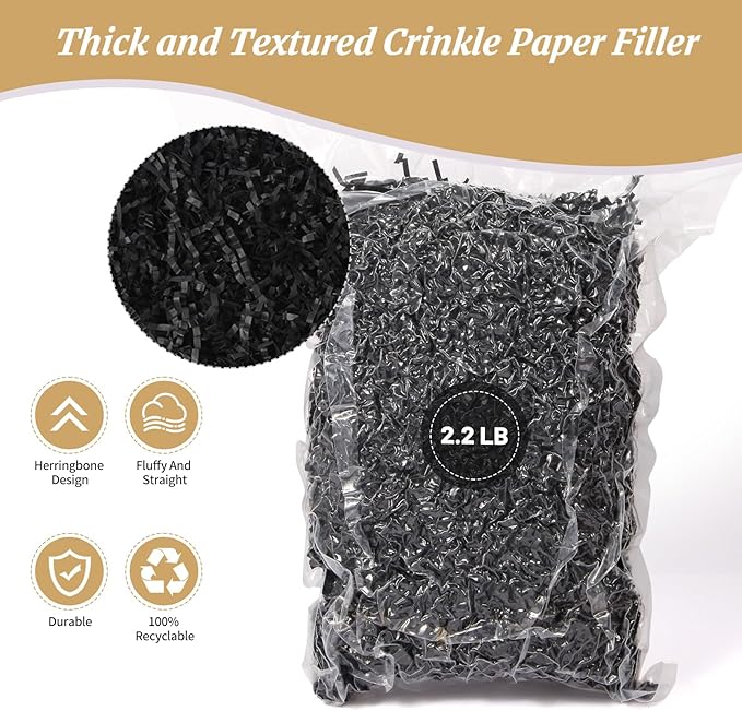 CANIYA 2.2 LB Black Crinkle Cut Paper Shred Filler, Shredded Paper Filling for Gift Basket, Filler Paper for Birthday, Wedding, Anniversarie
