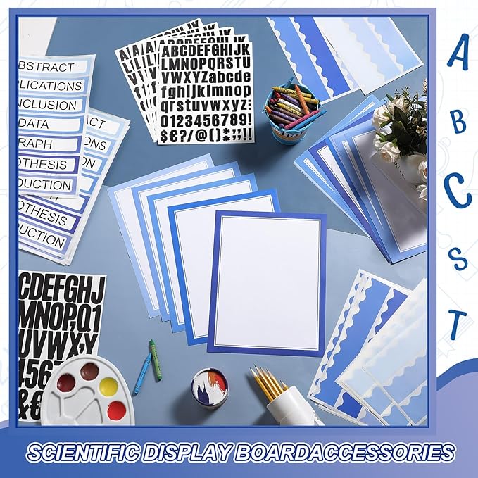 Sinload 92 Pcs Science Fair Board Supplies 60 Trim Scalloped Poster Boards 18 Presentation Subtitles 6 Project Titles 8 Letter Sticker for Classroom Display Boards(Blue Tone,Wave)