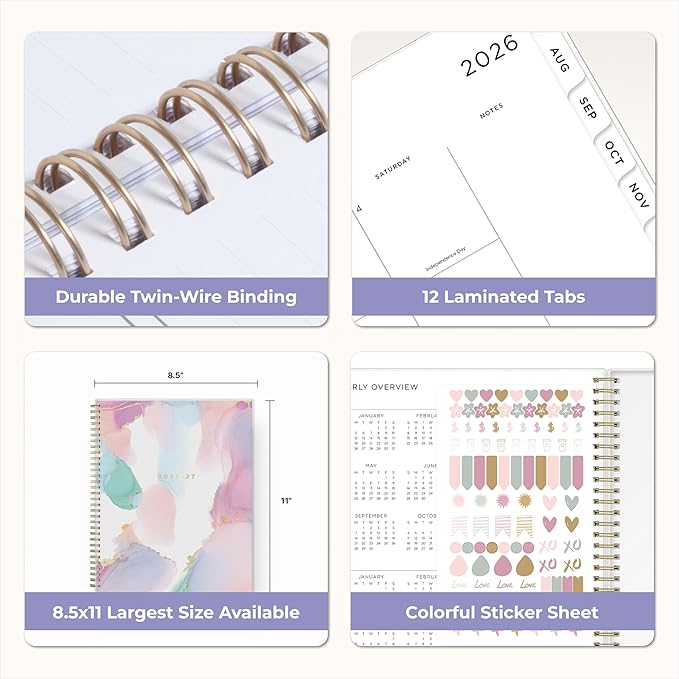 Blue Sky Ashley G 2026-2027 Weekly and Monthly Academic Year Planner Calendar, July 2026 - June 2027, 8.5" x 11", Flexible Cover, Wirebound, Laminated Tabs, Storage Pocket, Includes Sticker Sheet, Multi Color Smoke