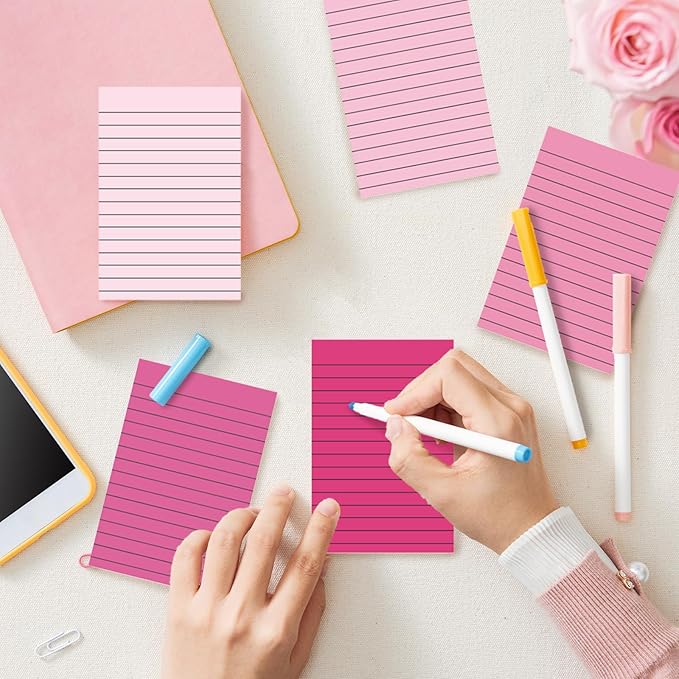 JarThenaAMCS 12Pcs Pink Lined Sticky Notes 6 Colors Gradient Pink Self-Adhesive Notepads Removable Memo Pad for Office School Home Supplies, 4 x 6 Inch